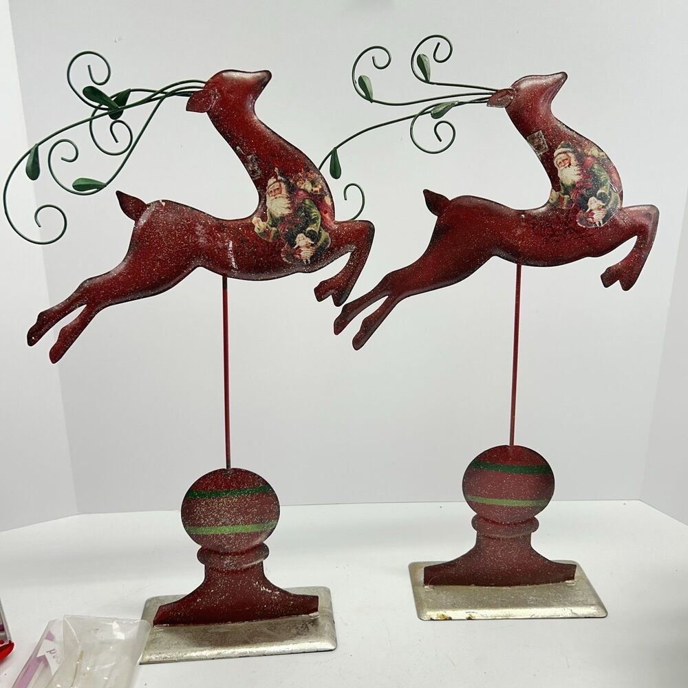 Pair Vintage Style Midwest-CBK Glitter Leaping Reindeer Mantel Topiaries 207041